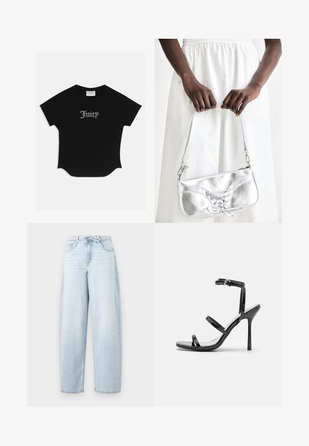 Zwarte T-shirt met korte mouwen en een ronde onderkant, voorzien van raglanmouwen. Kenmerkt zich door versierde "Juicy"-tekst in strass-steentjes op de voorkant.; Lichtblauwe jeans met wijde pijpen, hoge taille en een voorstrikceintuur, afgebeeld tegen een witte achtergrond.; Zwarte gepatineerde leren hoge hak sandalen met drie horizontale banden en een verstelbare enkelband. Slanke silhouette en glanzende afwerking.; Zilveren metalen handtas met vetersluiting, met een strak ontwerp en een korte schouderriem. De tas wordt vastgehouden in de handen, waardoor de textuur goed tot zijn recht komt.