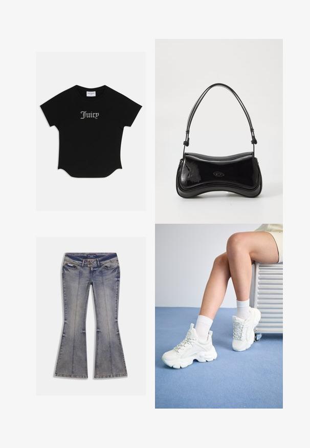 Sort kortærmet T-shirt med rund bund og raglanærmer. Har pyntet "Juicy" tekst i rhinsten på forsiden.; Denim jeans med vidde i lys blå med falmede pletter, forlommer og kontrastsyning. Har lynlås og mærketalje.; Hvide snøre-sneakers med en chunky sål, der har glat syntetisk materiale, teksturerede detaljer og en løkke på hælen.; Sort patentlæder håndtaske med en buet form, et enkelt håndtag og en rund bund. Har en subtil logo-detalje på forsiden.