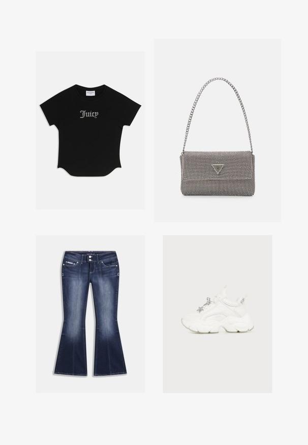 Sort kortærmet T-shirt med rund bund og raglanærmer. Har pyntet "Juicy" tekst i rhinsten på forsiden.; Mørkeblå, viddeudvidede jeans lavet af denim, med fem lommer, kontrastsyninger og lukning med knap samt dekorative detaljer foran.; Hvid chunky sneaker med tyk sål og sølv-stjerneformet vedhæng på snørebånd mod lys baggrund.; Lys grå metallisk håndtaske med kædestrop, dekoreret med små runde metalliske studs og et trekantet brandlogo.