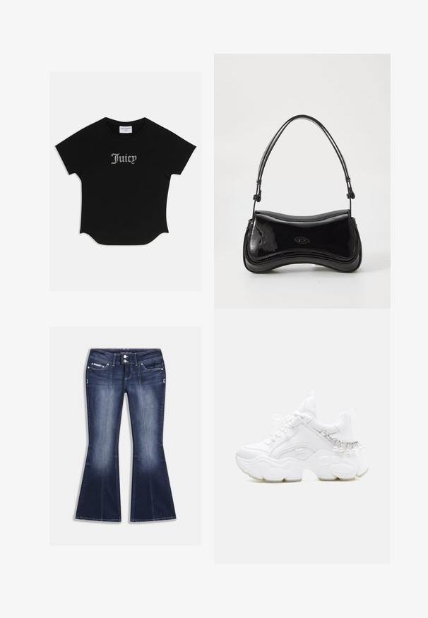 Sort kortærmet T-shirt med rund bund og raglanærmer. Har pyntet "Juicy" tekst i rhinsten på forsiden.; Mørkeblå, viddeudvidede jeans lavet af denim, med fem lommer, kontrastsyninger og lukning med knap samt dekorative detaljer foran.; Hvid chunky sneaker med tyk sål, snørelukning foran og kædedetalje med hængende perler på hælen.; Sort patentlæder håndtaske med en buet form, et enkelt håndtag og en rund bund. Har en subtil logo-detalje på forsiden.