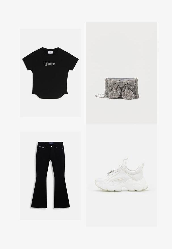 Sort kortærmet T-shirt med rund bund og raglanærmer. Har pyntet "Juicy" tekst i rhinsten på forsiden.; Sorte flared jeans med fem-lomme-design, sølvknap og nitter samt et Juicy Couture-mærke på linningen og møntlommen.; Hvide chunky sneakers lavet af læder og mesh-materialer, med en tyk sål, rund tå og dekorative snørebånd. Let teksturerede detaljer.; Glitrende grå håndtaske med en tekstureret overflade, der har en stor sløjfe-accent på forsiden og en kædrem. Kompakt rektangulær form.
