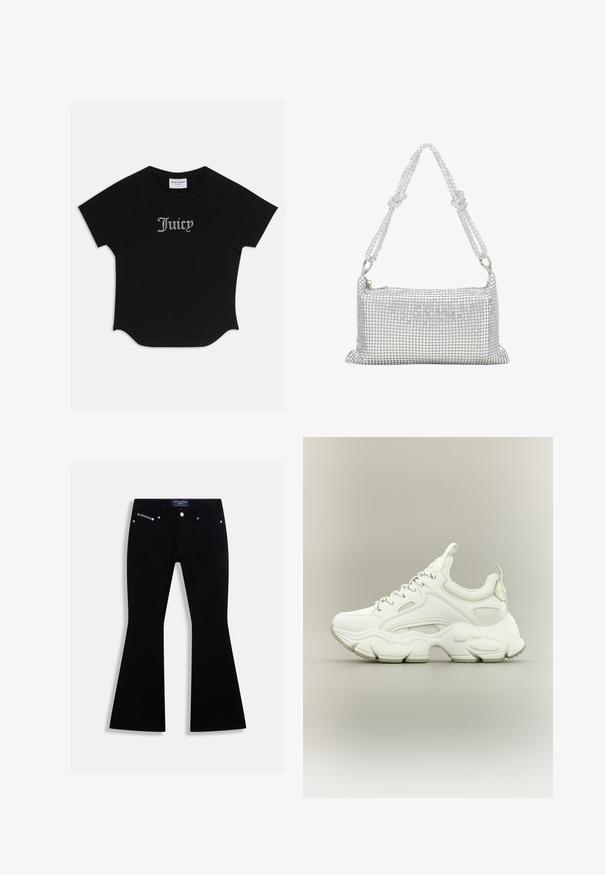 Zwarte T-shirt met korte mouwen en een ronde onderkant, voorzien van raglanmouwen. Kenmerkt zich door versierde "Juicy"-tekst in strass-steentjes op de voorkant.; Zwarte flared jeans met vijf zakken, zilveren knoop en klinknagels, en een Juicy Couture-label op de tailleband en het muntzakje.; Witte chunky sneaker met dikke, gestructureerde zool, bovenwerk van mesh en leer, vetersluiting en treklusjes op tong en hiel.; Zilveren gaas handtas met een rechthoekige vorm, versierd met kleine ronde pailletten, met een gevlochten hengsel met knopen en een ritssluiting.