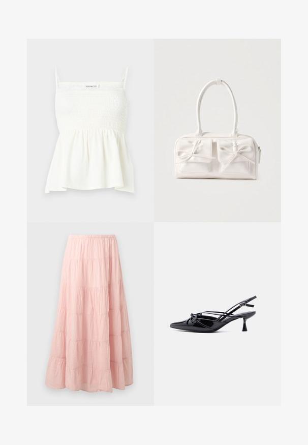 Haut blanc sans manches avec corsage smocké, fines bretelles et ourlet évasé, marqué "Even&Odd" sur la poitrine.; Jupe longue à volants rose clair avec une ceinture élastique et une texture de tissu légèrement froissé.; Escarpin slingback en cuir verni noir, bout pointu, petit talon kitten et nœud décoratif noué à l'avant.; Sac à main synthétique blanc avec deux poches avant, chacune ornée d'un nœud noué. Texture lisse, anses arrondies et fermeture zippée.