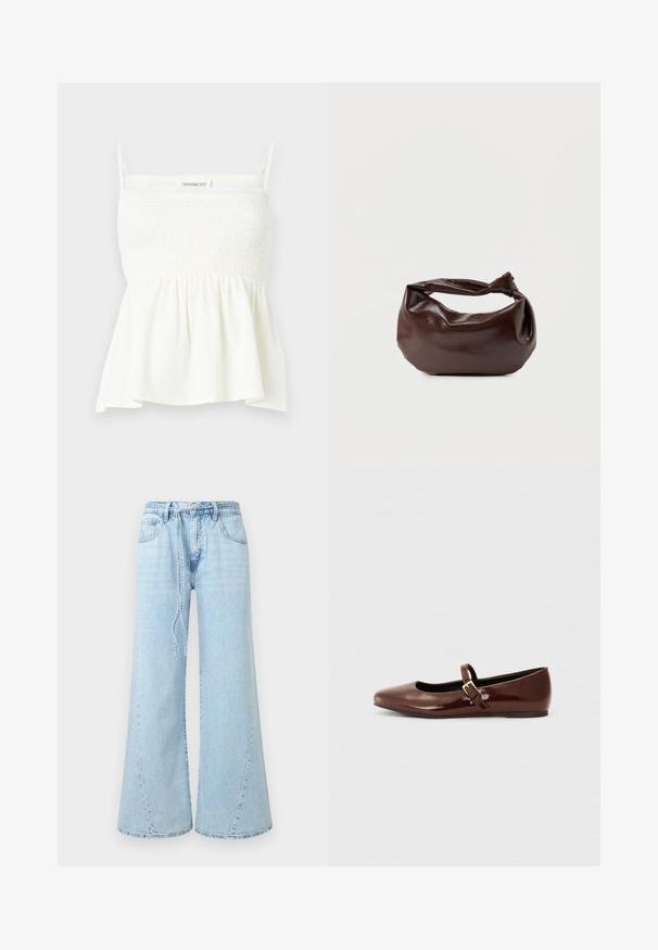 Haut blanc sans manches avec corsage smocké, fines bretelles et ourlet évasé, marqué "Even&Odd" sur la poitrine.; Jean denim bleu clair à jambes larges, avec poches avant, passants de ceinture et ceinture nouée ample à la taille sur un fond uni.; Ballerine en cuir verni marron avec un bout carré et une lanière ornée d'une petite boucle dorée. Texture lisse, talon bas et design minimaliste.; Sac bandoulière en cuir marron foncé avec une forme souple et décontractée et une anse nouée torsadée sur un fond blanc uni.