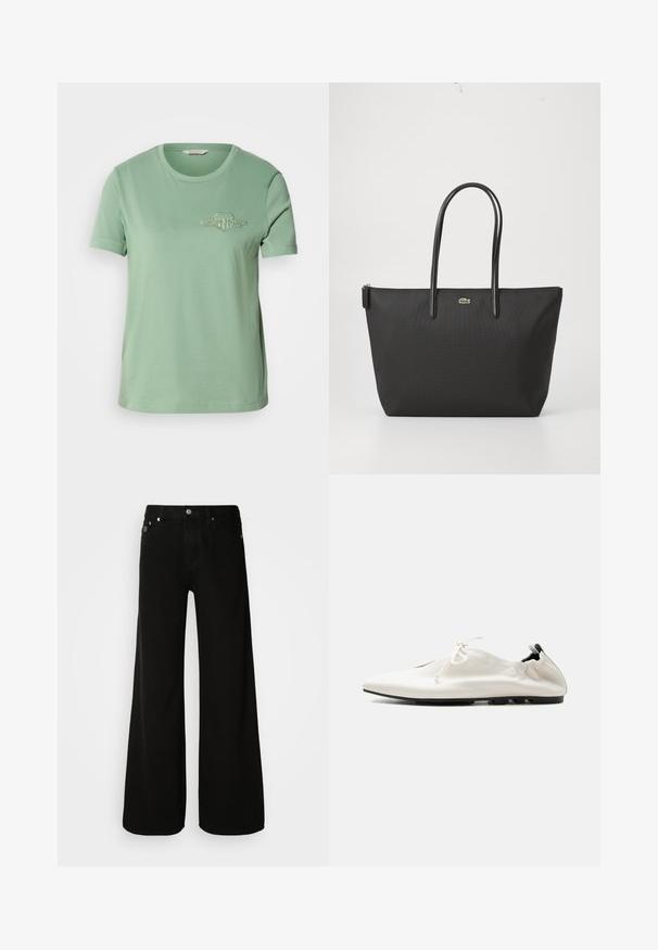 Lys grøn bomulds t-shirt med korte ærmer, rund halsudskæring og broderet logo på brystet. Glat tekstur og afslappet pasform.; Sorte vide ben jeans lavet af denim, med høj talje, klassisk fem-lomme design og sølvfarvet knaplukning.; Hvid minimalistisk lædersko med indstukket hæl, snørelukning og tynd sort sål på ensfarvet baggrund.; Sort totebag med to lange håndtag, en lynlåsåbning og et lille grønt krokodillelogo centreret under håndtagene.