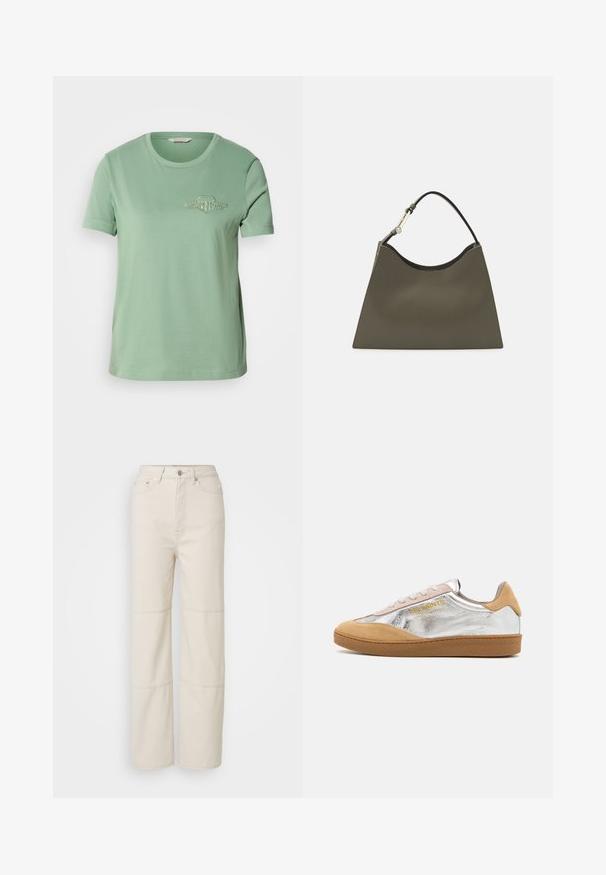 Lys grøn bomulds t-shirt med korte ærmer, rund halsudskæring og broderet logo på brystet. Glat tekstur og afslappet pasform.; Lysebeige vide jeans lavet af bomuld. Har høj talje, frontlukning med knap og to vandrette søm accenter på benene.; Sølv- og sandfarvet ruskinds sneaker med en struktureret gummisål, beige snørebånd og et logo trykt i gult på siden.; Olivengrøn håndtaske med en glat overflade, en afrundet topkant og et enkelt sort håndtag. Den har et minimalistisk design og en triangulær bund.
