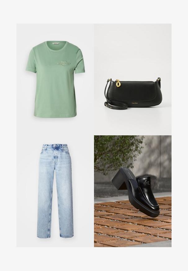 Camiseta de algodón verde claro con mangas cortas, escote redondo y logo bordado en el pecho. Textura suave y corte casual.; Jeans de tiro alto color azul claro con un corte holgado, que cuentan con piernas rectas, cinco bolsillos y un cierre clásico de botones y cremallera.; Mule tipo slip-on de cuero negro de Calvin Klein con tacón de bloque descansando sobre baldosas de madera al aire libre cerca de una planta verde y una pared gris.; Bolso cruzado de cuero negro con una textura suave, detalles en metal dorado, cierre de cremallera y un logo en el borde inferior.