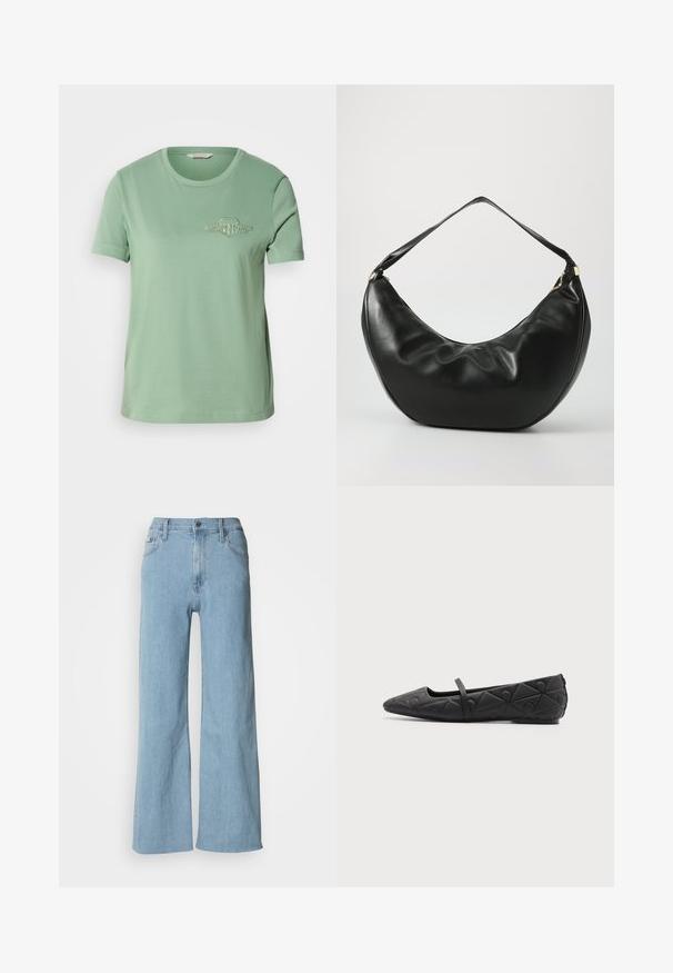 Lys grøn bomulds t-shirt med korte ærmer, rund halsudskæring og broderet logo på brystet. Glat tekstur og afslappet pasform.; Lyseblå vidde jeans lavet af denim, med en tætsiddende talje, fem-lomme design og subtile syningsdetaljer.; Sort flad sko med spids tå, quiltede geometriske mønstre og en tynd rem over vristen på en ensfarvet baggrund.; Sort læder skuldertaske med en buet form, blød tekstur og en enkelt rem; har en guldbeslået lynlås og diskret branding.