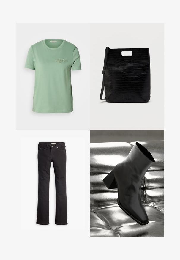Camiseta de algodón verde claro con mangas cortas, escote redondo y logo bordado en el pecho. Textura suave y corte casual.; Jeans negros de mezclilla, con un diseño de pierna recta, cintura standard, cinco bolsillos y detalles de costura sutiles.; Botín negro de tobillo hecho de material brillante, con punta cuadrada y tacón cónico, contra un fondo plateado brillante con almohadillado.; Bolso tote de cuero sintético negro con textura de cocodrilo, forma rectangular, corte en el asa superior y correa de hombro detachable. Logo de la marca visible.