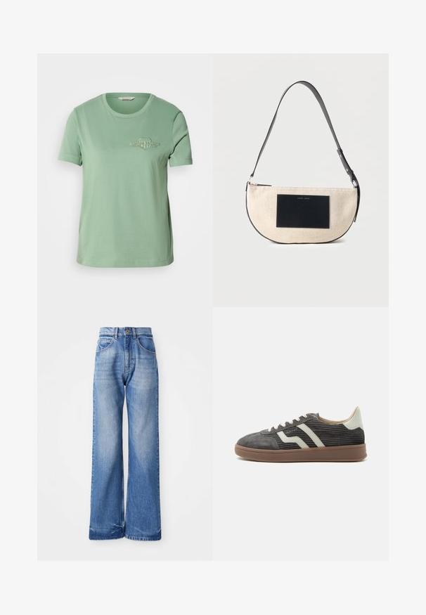 Camiseta de algodón verde claro con mangas cortas, escote redondo y logo bordado en el pecho. Textura suave y corte casual.; Jeans de tiro alto, de mezclilla, de pierna ancha y color azul claro, con cinco bolsillos y sutiles marcas de desgaste en la parte frontal para agregar textura.; Zapatilla baja de pana gris con rayas laterales blancas, lengüeta beige en el talón, cordones blancos y suela de goma marrón.; Bolso beige de media luna para el hombro con correa negra ajustable y parche negro rectangular en la parte delantera.