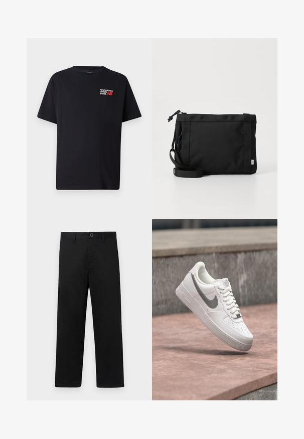 Čierne bavlnené tričko s okrúhlym výstrihom. Má malé červené a biele logo a text "New Balance" na hornej ľavej strane hrude.; Čierne bavlnené nohavice rovného strihu, s klasickým pásom, pútkami na opasok a jedným gombíkom na zapínanie. Hladká štruktúra, bez vzorov.; Biela teniska Nike Air Force 1 so sivým logom swoosh, ktorá visí nad kamenným povrchom a sivou kamennou stenou v pozadí.; Čierna textilná ramenná taška s textúrovaným povrchom, nastaviteľným pásom a sťahovaním. Vyznačuje sa výrazným prešívaním a bočným štítkom.