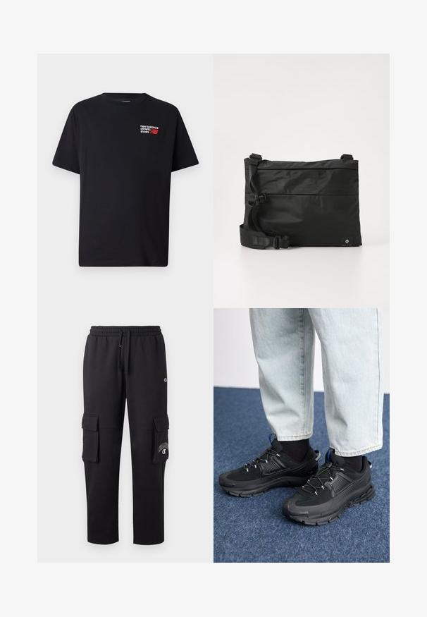 Must värvi puuvillane T-särk ümmarguse kaelusega. Esiküljel on vasakus ülanurgas väike punase ja valge "New Balance" logo ja tekst.; Mustad mustad püksid pehmest kangast, millel on kaks külgmist taskut, elastne vöökoht ja logodetail vasakul jalal.; Mustad mustad jooksukingad, millel on tekstureeritud kangas ja kummist tallad, elastsed nöörid ning sinine aksent kandadel. Kandmine heledate teksadega.; Mustast nailonist kullerikott reguleeritava rihmaga, lame disain ja külgedel asuv logo sildiga. Sile tekstuur ja minimalistlik stiil.