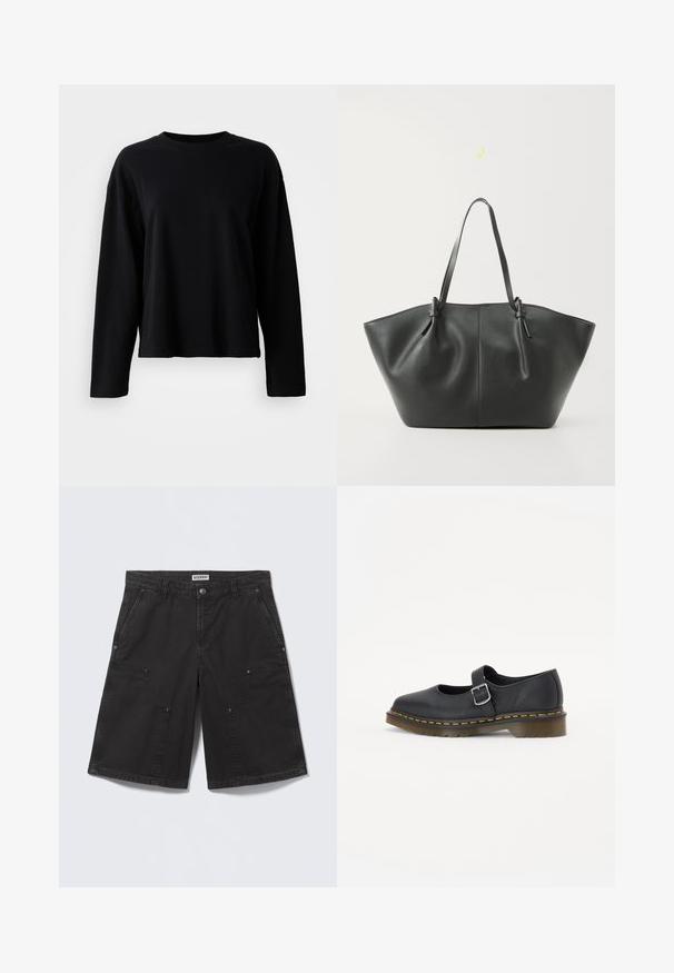 Sort langærmet t-shirt lavet af et blødt, let stof med rund hals og en afslappet pasform med minimale sømdetaljer.; Sorte knælange shorts med store frontlommer med lap, lukning med metalknap, bæltestropper og sidelommer, lagt fladt på en lys baggrund.; Sorte læder Mary Jane sko med en rund tå, justerbar spænde, gul syning og en kraftig brun gummisål.; Vero Moda VMDITTA - Shopping bags - black