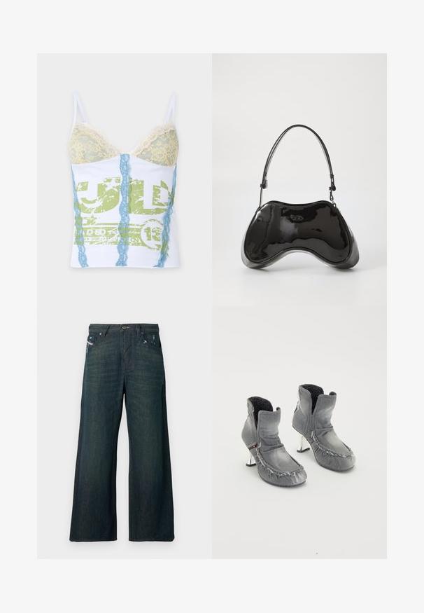 White camisole with pale yellow lace cups, blue vertical lace stripes, and faded green graphic print on the front.; Wide-leg dark blue denim jeans with slight distressing near front pockets and standard button and zipper closure.; Gray denim ankle boots with a frayed edge, black fleece lining, and shiny silver heels. Unique design with a folded collar and textured surface.; Black patent leather handbag with a unique curved shape, short adjustable handle, and a zippered top. Smooth texture with subtle branding.