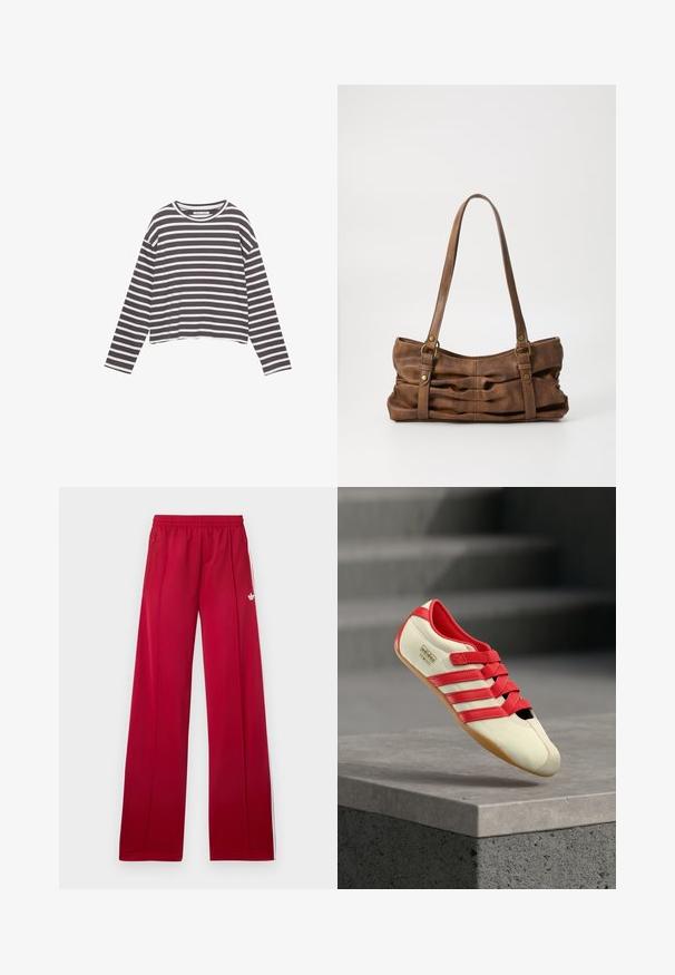 T-shirt à manches longues en tissu doux avec des rayures horizontales grises et blanches, col rond et coupe courte décontractée.; Pantalon de survêtement rouge à jambes larges avec taille élastique, poches latérales zippées, bandes blanches sur les côtés et petit logo blanc sur la cuisse gauche.; Chaussure de sport rouge et crème avec trois bandes rouges, une tige souple, une semelle en caoutchouc et des sangles en Velcro. Présente un design élégant et profil bas.; Even&Odd Sac à main - brown