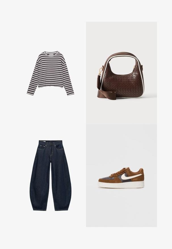 T-shirt à manches longues en tissu doux avec des rayures horizontales grises et blanches, col rond et coupe courte décontractée.; Jean en denim bleu foncé à jambes larges avec poches avant, passants de ceinture et fermeture par bouton à la taille.; Baskets en suède et cuir marron avec un Swoosh blanc, bout rond, lacets texturés et épaisse semelle en caoutchouc blanc.; Sac à main en cuir tressé marron avec passepoil blanc, fermeture éclair dorée et bandoulière amovible en tissu marron.
