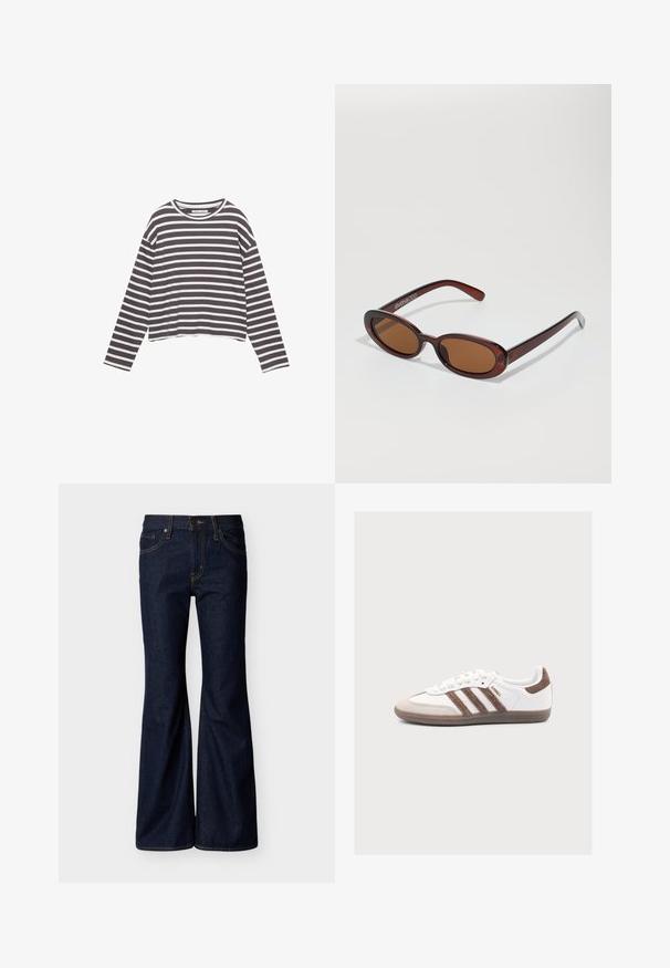 T-shirt à manches longues en tissu doux avec des rayures horizontales grises et blanches, col rond et coupe courte décontractée.; Jean en denim bleu foncé avec jambes évasées, fermeture avant par bouton et zip, et design à cinq poches avec surpiqûres contrastantes.; Baskets blanches Adidas Samba avec des bandes en daim marron, un bout en daim marron et une semelle en gomme sur fond gris clair.; Lunettes de soleil rondes teinte brun avec une monture bordeaux brillante. Branches fines avec un détail de marque subtil. Design de verres plats.