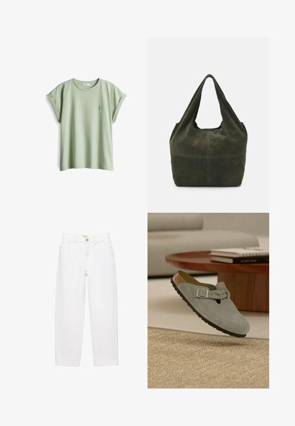 Hellgrünes Baumwoll-T-Shirt mit lockerer Passform, aufgerollten kurzen Ärmeln und einem kleinen runden Logo auf der linken Brust.; Weiße Jeans mit geradem Bein aus Denim, mit Frontknopfverschluss, Fünf-Taschen-Design und dezenten Steppnähten.; Hellgrauer Wildleder-Clog mit Schnallenriemen, der über einem gewebten beigen Teppich in einem modernen Wohnzimmer schwebt.; Dunkelgrüne Wildleder-Tote-Tasche mit einem lässigen Design, ausgestattet mit breiten, weichen Griffen und einer glatten Textur. Minimalistische Bauweise ohne sichtbare Beschläge.