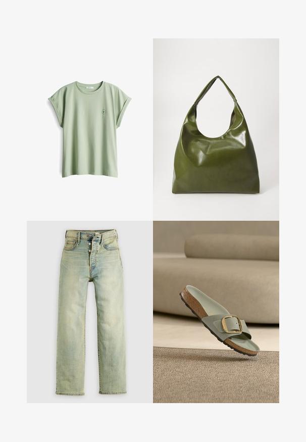 Hellgrünes Baumwoll-T-Shirt mit lockerer Passform, aufgerollten kurzen Ärmeln und einem kleinen runden Logo auf der linken Brust.; Hellblaue Denim-Jeans mit geradem Bein, Fünf-Taschen-Design und Knopfverschluss. Weiche Textur und verwaschener Look.; Eine einzelne hellgraue Slide-Sandale mit Korksohle und großer goldener Schnalle, die über einem strukturierten beigen Teppich mit einem beigen Sofa im Hintergrund schwebt.; Grüne Leder-Hobo-Tasche mit einem lässigen Design, gebogenem Griff und glatter Textur. Enthält keine sichtbaren Beschläge oder Akzente.