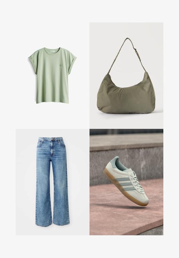 Hellgrünes Baumwoll-T-Shirt mit lockerer Passform, aufgerollten kurzen Ärmeln und einem kleinen runden Logo auf der linken Brust.; Hellblaue Denim-Jeans mit weit geschnittenem Bein und hoher Taille, ausgestattet mit fünf Taschen, einer Knopfverschluss und kontrastierender Naht entlang der Nähte.; Hellbeiger Wildleder-Sneaker mit blauen Akzenten, drei seitlichen Streifen, einer strukturierten Kautschuksohle und flachen Schnürsenkeln. Modellname "Gazelle" sichtbar.; Olivgrüne weiche Stoff-Schultertasche mit Reißverschluss und verstellbarem Tragegurt vor einfarbig hellem Hintergrund.