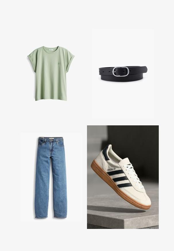 Hellgrünes Baumwoll-T-Shirt mit lockerer Passform, aufgerollten kurzen Ärmeln und einem kleinen runden Logo auf der linken Brust.; Helle blaue Denim-Jeans mit gerader Beinführung, fünf Taschen, sichtbaren Nähten und einer leicht verblassten Optik. Standardmäßiger Knopf- und Reißverschluss.; Weiße Wildleder-Sneaker mit marineblauen Streifen, Gummisohle, strukturiertem Obermaterial, runder Zehenform und Schnürung; mit Branding an der Seite und auf der Zunge.; Schwarzer Leder Gürtel mit glatter Textur, ovaler silberner Metallschnalle und mehreren Einstelllöchern entlang des Riemens. Flaches, minimalistisches Design.