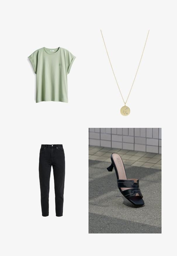 Lichtgroene katoenen t-shirt met een relaxte pasvorm, opgerolde korte mouwen en een klein rond logo op de linkerborst.; High-waist zwarte spijkerbroek met voorste knoop en rits, twee voorzakken en taps toelopende pijpen op een witte achtergrond.; Zwarte open teen hoge muil met dubbele banden en vierkante neus op een gestructureerde bestrating tegen een achterwand met tegels.; Gouden ketting met een ronde hanger met een sterrenbeeldontwerp, versierd met kleine heldere edelstenen over het oppervlak.