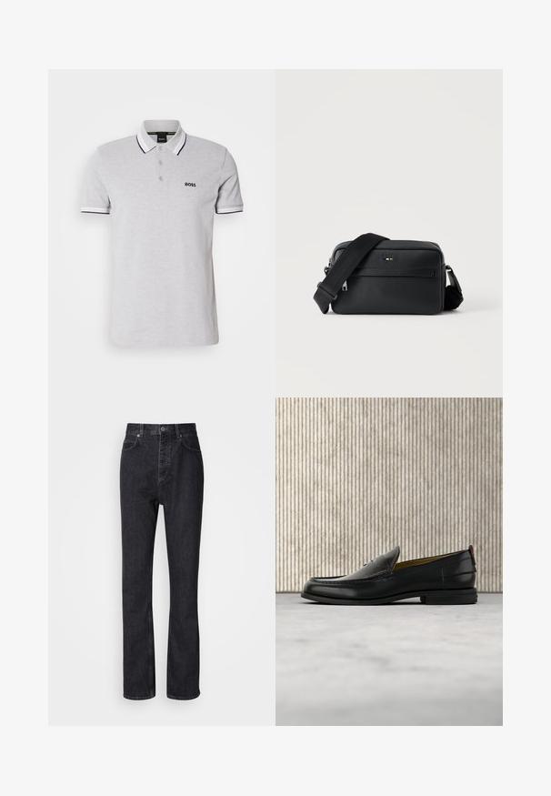 Graues Poloshirt aus Baumwolle mit einer Knopfleiste mit zwei Knöpfen, kontrastierendem weißen Kragen und Ärmelbündchen sowie einem kleinen schwarzen Logo auf der Brust.; Hochtaillierte schwarze Jeans aus Denim mit Knopf- und Reißverschluss, Vorder- und Hintertaschen sowie einer geraden Passform.; Schwarzer Herren-Slipper aus Leder mit einer krokogeprägten Vorderkappe und einem niedrigen Absatz, im Profil vor neutralem Hintergrund gezeigt.; Schwarze, strukturierte Leder-Crossbody-Tasche mit vorderer Reißverschlusstasche und verstellbarem breitem Stoff-Schulterriemen auf weißem Hintergrund.