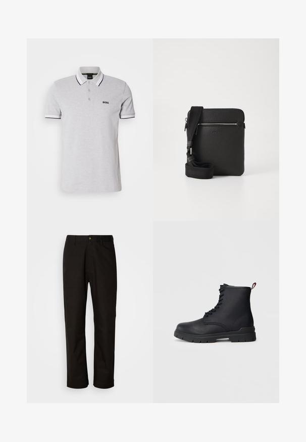 Graues Poloshirt aus Baumwolle mit einer Knopfleiste mit zwei Knöpfen, kontrastierendem weißen Kragen und Ärmelbündchen sowie einem kleinen schwarzen Logo auf der Brust.; Schwarze Baumwollhosen mit geradem Schnitt, Gürtelschlaufen, einem Reißverschluss vorne und einem einzelnen Knopfverschluss. Glatte Textur ohne sichtbare Muster.; Schwarze Leder-Stiefelette mit Schnüroptik, dickem Gummisohle und roter Schlaufe am Absatz, vor einem schlichten, hellen Hintergrund gezeigt.; Schwarze Leder-Umhängetasche mit strukturierten Oberflächen, einem Reißverschluss-Frontfach und einem verstellbaren Stoffgurt. Einfaches quadratisches Design.