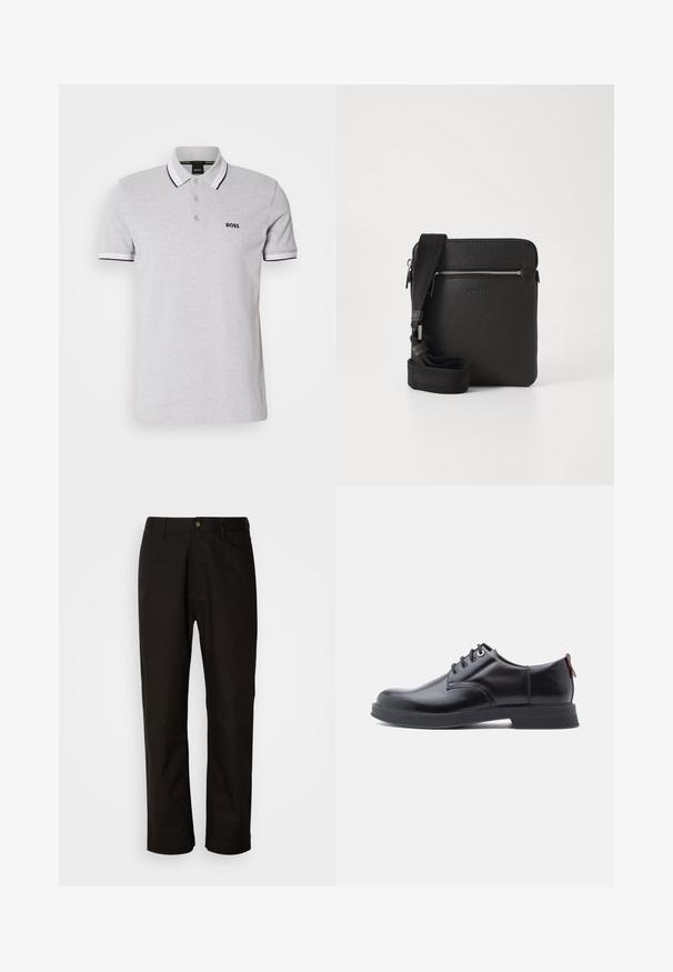 Halli puuvillane polo särk, kahe nupuga, kontrastse valge kraega ja varruka äärtega ning väikese musta logoga rinnal.; Mustad puuvillased püksid sirge lõikega, vöökohaga, esi tõmblukuga ja ühe nupuga sulgemisega. Sile tekstuur, ilma nähtavate mustriteta.; Mustad nahast paeltega kingad, millel on sile tekstuur, ümar nina ja peen õmblusdetail. Kandjal on punane tõmblint kandlas.; Mustmust nahkrist kott tekstuurse pinnaga, tõmblukuga esikott ja reguleeritav kangast rihm. Lihtne ruudukujuline disain.
