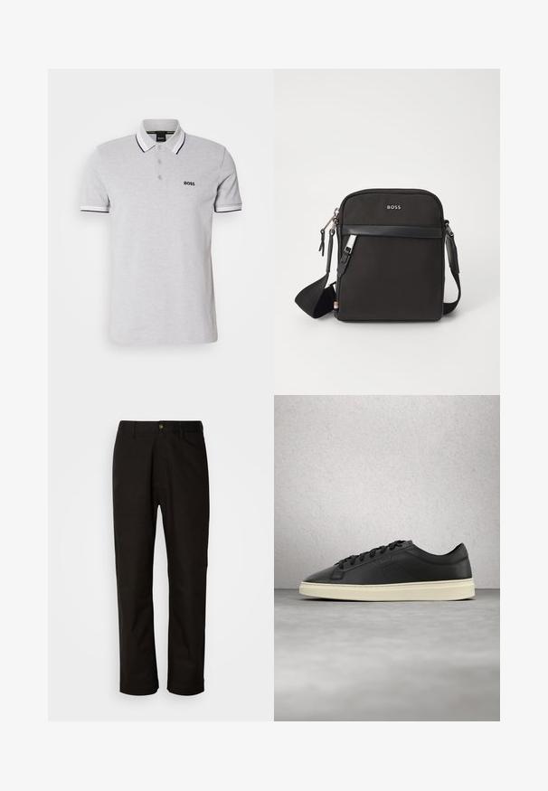 Polo gris en coton avec une patte de boutonnage à deux boutons, un col et des poignets de manches blancs contrastants, et un petit logo noir sur la poitrine.; Pantalon en coton noir avec une coupe droite, des passants de ceinture, une fermeture éclair à l'avant et un seul bouton. Texture lisse sans motifs visibles.; Baskets en cuir noir avec un bout arrondi, des lacets plats et une semelle en caoutchouc couleur crème, présentant un logo discret et une texture lisse.; Sac bandoulière noir en tissu texturé, avec un logo sur le devant, fermeture éclair et une bandoulière réglable. Finitions en cuir lisse.