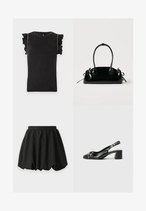 Haut noir sans manches avec épaules à volants et ornements en strass le long des coutures des bras, avec un col rond.; Jupe bulle noire avec une taille élastique et un motif de pois blancs. Fabriquée en tissu léger, elle présente un design volumineux et un ourlet arrondi.; Sandale à talon en cuir noir avec un bout pointu, une sangle texturée ornée d'accents métalliques circulaires et un talon empilé.; Petit sac à main noir brillant avec deux longues anses et des détails à cordon sur les côtés sur un fond clair uni.