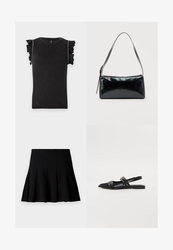 Haut noir sans manches avec épaules à volants et ornements en strass le long des coutures des bras, avec un col rond.; Jupe noire courte plissée en tissu lisse. Dispose d'une taille élastique et d'une silhouette évasée qui s'étend jusqu'au milieu de la cuisse.; Even&Odd by Zalando Ballerines à brides arrière - black; Sac d'épaule rectangulaire noir avec une sangle réglable unique et une fermeture éclair supérieure sur un fond uni.