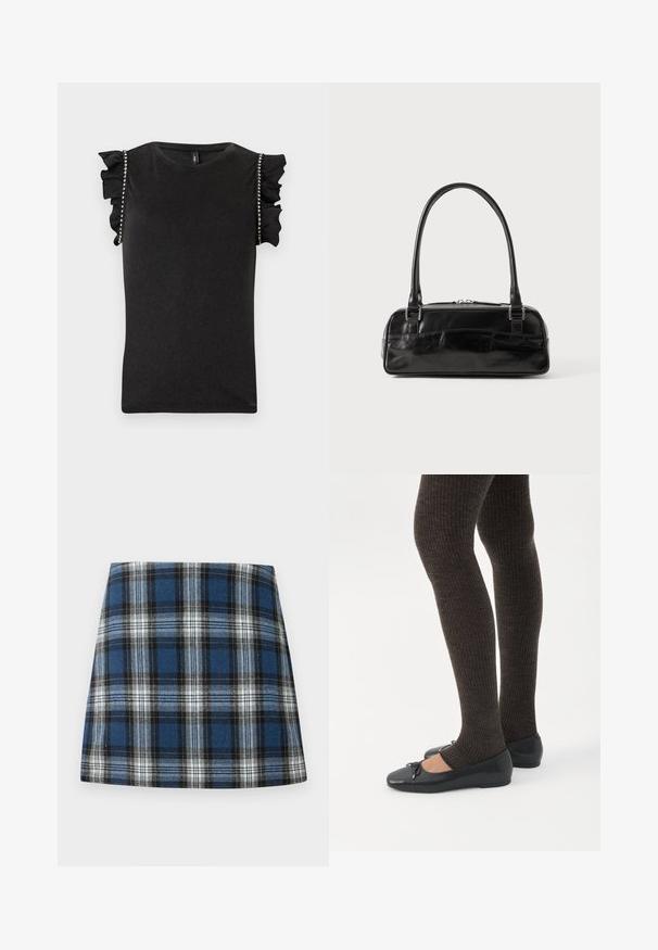 Haut noir sans manches avec épaules à volants et ornements en strass le long des coutures des bras, avec un col rond.; Jupe en tartan bleu présentant un motif à carreaux varié en bleu, noir et blanc. Fabriquée dans un tissu texturé avec une silhouette ajustée.; Jambes portant des leggings côtelés foncés associés à des ballerines noires avec de petits détails en nœud sur fond blanc.; Sac à main en cuir noir de forme rectangulaire, doté d'une seule ansse structurée, de quincaillerie argentée et d'une fermeture éclair. Texture lisse.