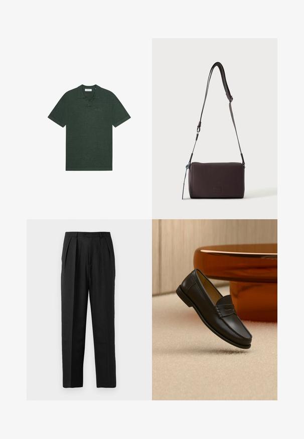 Polo vert foncé à manches courtes avec col, patte de boutonnage et logo « Les Deux » discrètement brodé sur la poitrine gauche.; Pantalons plissés noirs au design sur mesure, confectionnés en tissu lisse, avec une fermeture à bouton et une coupe droite.; Chaussure mocassin en cuir noir suspendue au-dessus d’un tapis beige avec du mobilier moderne couleur ambre en arrière-plan.; Sac bandoulière en cuir marron foncé texturé avec une sangle réglable et un petit accent décoratif bleu sur le côté.