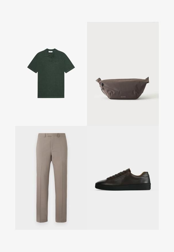 Polo vert foncé à manches courtes avec col, patte de boutonnage et logo « Les Deux » discrètement brodé sur la poitrine gauche.; Pantalon droit beige sur mesure avec passants pour ceinture, fermeture éclair avant et plis repassés, présenté sur un fond blanc.; Baskets basses en cuir marron foncé avec semelle en caoutchouc noire, lacets à l'avant et design minimaliste épuré sur fond clair.; Sac banane en tissu marron foncé avec poche zippée en diagonale et petit logo blanc sur le devant, sur un fond clair uni.