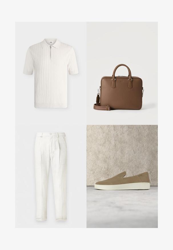 Polo blanc en maille côtelée à manches courtes avec col et fermeture éclair devant sur fond uni.; Pantalon blanc sur mesure avec plis à l'avant, poches latérales, passants de ceinture et fermeture par bouton.; Chaussure beige sans lacets avec semelle blanche, présentée en suspension sur un tapis clair avec un mobilier transparent de couleur ambre en arrière-plan.; Mallette en cuir marron avec poignées supérieures, ferrures argentées et bandoulière réglable sur un fond clair uni.