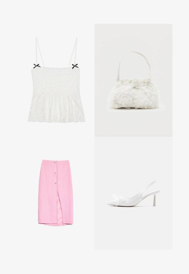 Hvit blondecamisole med tynne stropper, som har svarte sløyfer på skuldrene og en utsvingt kant for en feminin design.; Rosa kneelange skjørt med tre dekorative perleknapper og en frontslisse, laget av strukturert stoff med glatt innside.; Hvite slingback kitten-hel sko med spiss tå, prydet med hjerte og sløyfe av perler på overdelen.; Liten hvit håndveske med stoffroser som dekker vesken og et tynt enkelt reimhåndtak på en ensfarget bakgrunn.