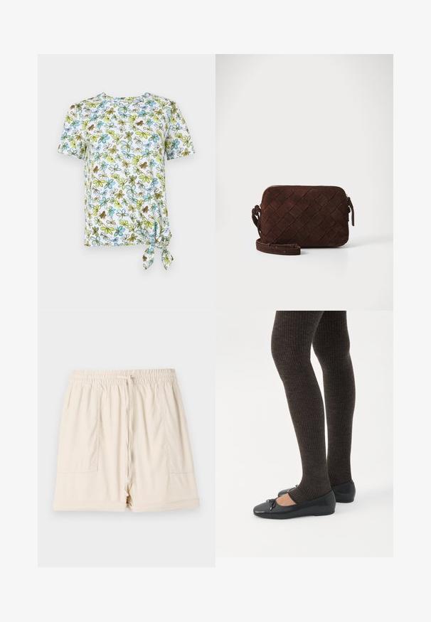 Korte mouwen, wit T-shirt met bloemenprint in blauw, groen en bruin. Heeft een geknoopt detail aan de zijkant voor een gerimpeld effect.; Beige katoenen shorts met een elastische tailleband, een trekkoord en twee zijzakken; heeft een relaxte pasvorm en omgeslagen zoom.; Benen met donkere geribbelde leggings gecombineerd met zwarte ballerina's met kleine strikdetails op een witte achtergrond.; Bruine suède schoudertas met een geweven ontwerp, ritssluiting en een verstelbare schouderband. Heeft een slanke, rechthoekige vorm.