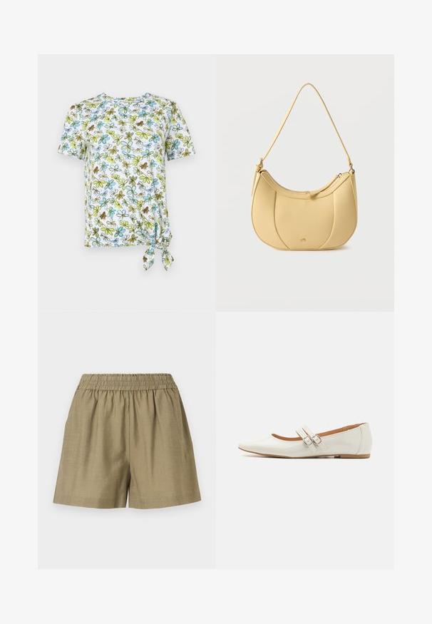 Kortærmet, hvid T-shirt med blomsterprint i blå, grøn og brun. Har en knude detalje på siden for en sammensnøringseffekt.; Beige afslappede shorts med elastisk talje og løs pasform, lavet af letvægtsstof.; Hvide patentlæder flade sko med spids tå, to dekorative stropper med sølvspænder og en diskret brun sål.; Gul skuldertaske i kunstlæder med et buet, quiltet design og lynlåslukning, der har en glat struktur og en tonet skulderrem.