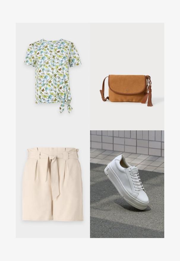 Korte mouwen, wit T-shirt met bloemenprint in blauw, groen en bruin. Heeft een geknoopt detail aan de zijkant voor een gerimpeld effect.; Beige op maat gemaakte shorts van een lichte stof, met een ceintuur, plooidetails en een rechte snit.; Witte leren sneaker met een low-top ontwerp, platte veters, ronde neus en textuur zijden. Dikke rubberen zool met subtiele accenten.; Bruine suède schoudertas met leren afwerking, klepgesp en een decoratieve kwast. Heeft een eenvoudig ontwerp en een verstelbare schouderband.