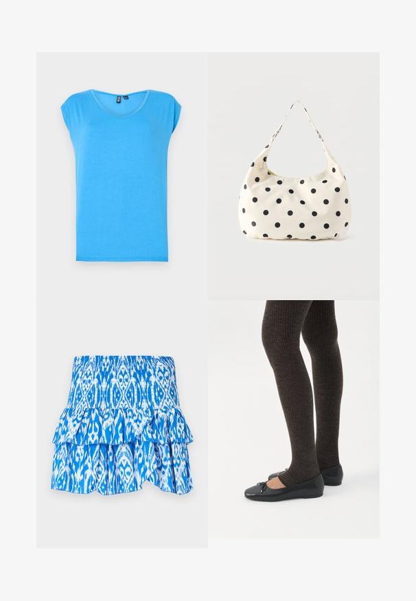 Top corto azul de manga corta con un diseño de escote en V, hecho de tela suave, que presenta un estilo simple y una textura sin adornos.; Falda azul y blanca con un diseño estampado, cintura fruncida, dobladillo de capas con volantes y tejido ligero. Presenta un diseño estilo ikat.; Piernas con leggings oscuros acanalados combinados con bailarinas negras que presentan pequeños detalles de lazo sobre un fondo blanco.; Bolso de tela color crema con lunares negros y una sola correa para el hombro, presentado sobre un fondo blanco liso.