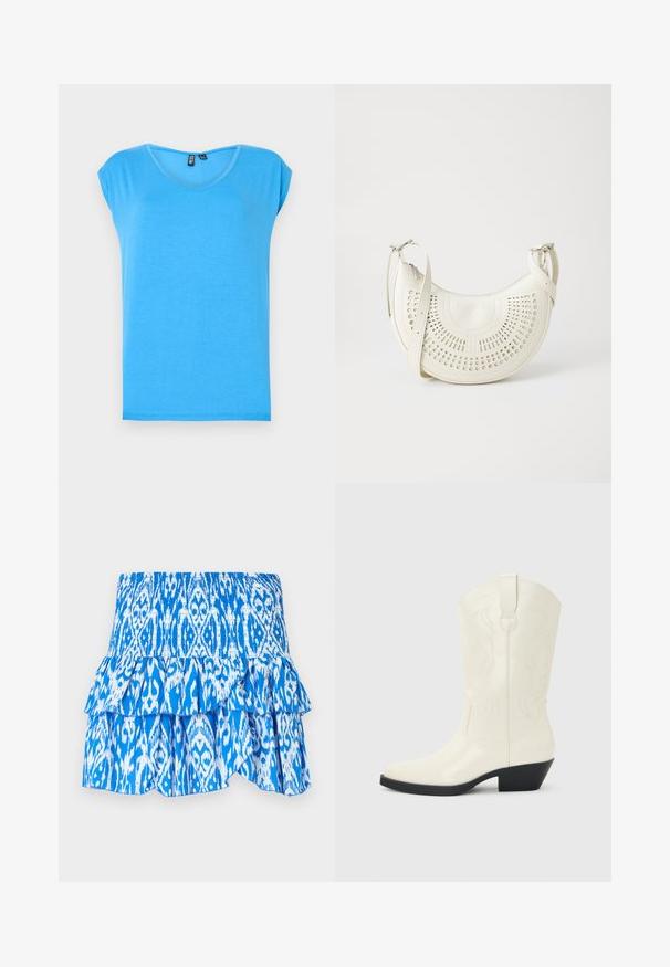 Top corto azul de manga corta con un diseño de escote en V, hecho de tela suave, que presenta un estilo simple y una textura sin adornos.; Falda azul y blanca con un diseño estampado, cintura fruncida, dobladillo de capas con volantes y tejido ligero. Presenta un diseño estilo ikat.; Bota blanca de estilo occidental hasta la mitad de la pantorrilla, con punta puntiaguda, tacón apilado negro, costuras decorativas y tira para tirar en el eje.; Bolso bandolera de cuero vegano blanco con diseño circular perforado, correa ajustable y logotipo grabado en la parte delantera. Cierre de cremallera en la parte superior.