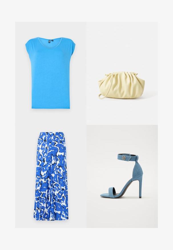 Top corto azul de manga corta con un diseño de escote en V, hecho de tela suave, que presenta un estilo simple y una textura sin adornos.; Falda larga con un patrón abstracto en azul y blanco, fabricada en un tejido ligero, con una cinturilla ancha y un silueta recta con aberturas laterales.; Sandaña de tacón alto de denim azul con una correa en el tobillo y cierre de botón. Presenta una punta cuadrada y una suela negra para contraste.; Bolso amarillo plisado hecho de cuero sintético suave, con una forma blanda y una sola correa para el hombro, además de un diseño de parte superior recogida.