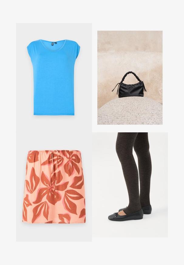 Blå kortærmet top med v-halsdesign, lavet af blødt stof, med en simpel stil og uforstyrret tekstur.; Billabong SUNFLOWER SKIRT - A-snit nederdel - apricot; Ben iført mørke ribbede leggings kombineret med sorte balletsko med små sløjfedetaljer på hvid baggrund.; Sort håndtaske med rynkede detaljer og et samlet håndtag, hvilende på en tekstureret stensfære mod en beige betonvæg.