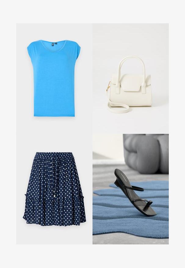 Top corto azul de manga corta con un diseño de escote en V, hecho de tela suave, que presenta un estilo simple y una textura sin adornos.; Falda azul marino con lunares blancos, que presenta un dobladillo con volantes y una cintura elástica con cordón para un ajuste ajustable.; Sandalia negra con tiras y lazo para el dedo en una alfombra texturizada azul, con un gran objeto decorativo gris desenfocado en el fondo.; Bolso pequeño blanco con doble asa, solapa frontal y correa de hombro desmontable con cierre dorado sobre fondo blanco liso.