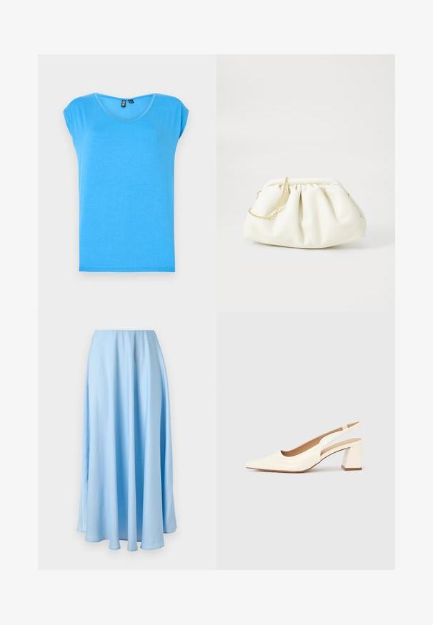Top corto azul de manga corta con un diseño de escote en V, hecho de tela suave, que presenta un estilo simple y una textura sin adornos.; Falda azul claro hasta el suelo, de talle alto, con pliegues suaves y una textura de tela fluida y lisa.; Zapato de salón con tira trasera en charol crema brillante, con punta afilada y tacón cuadrado grueso para mayor estabilidad. Diseño minimalista, sin adornos.; Bolso de mano de cuero blanco con un diseño recogido, cuenta con una cadena dorada y forma redondeada. Textura suave con pliegues suaves y sin patrones.