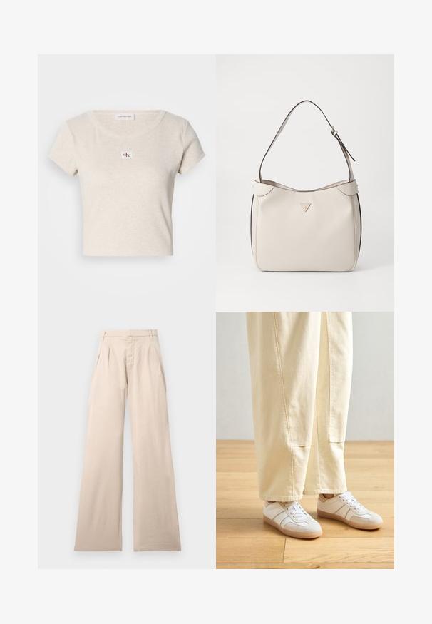 Kurzärmliges, cremefarbenes T-Shirt aus Rippstoff, mit kleinem CK-Logo-Patch vorne, runder Ausschnitt und lässiger Passform.; Beige weit geschnittene Hosen aus Baumwolle, mit Falten vorne und einer glatten Textur. Das Design verfügt über einen regulären Bund und kein sichtbares Muster.; Weiße Sneaker mit einer Kombination aus glatten und Wildledertexturen, ausgestattet mit beigen Akzenten und einer Gummisohle, kombiniert mit hellen, weiten Hosen.; Beige synthetische Schultertasche mit glatter Oberfläche, gewölbter Oberform, braunen Lederelementen und einem kleinen metallischen Logo auf der Vorderseite.