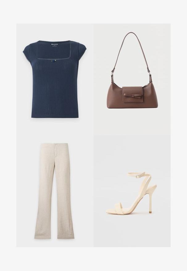 Marineblå ribbet top med kvadratisk udskæring, korte ærmer og en dekorativ blå og grøn accent nær udskæringen.; Beige hørbukser med lige ben og skjult frontlukning, vist fladt på en ensfarvet lys baggrund. Ingen synlige lommer eller detaljer.; Beige højhælede sandaler med en slank ankelrem og firkantet tå. Glat syntetisk materiale, minimalistisk design og stiletto-hæl.; Brun skuldertaske i læder med en frontlomme med klap, der har en sydd sløjfedetalje, og en justerbar rem.