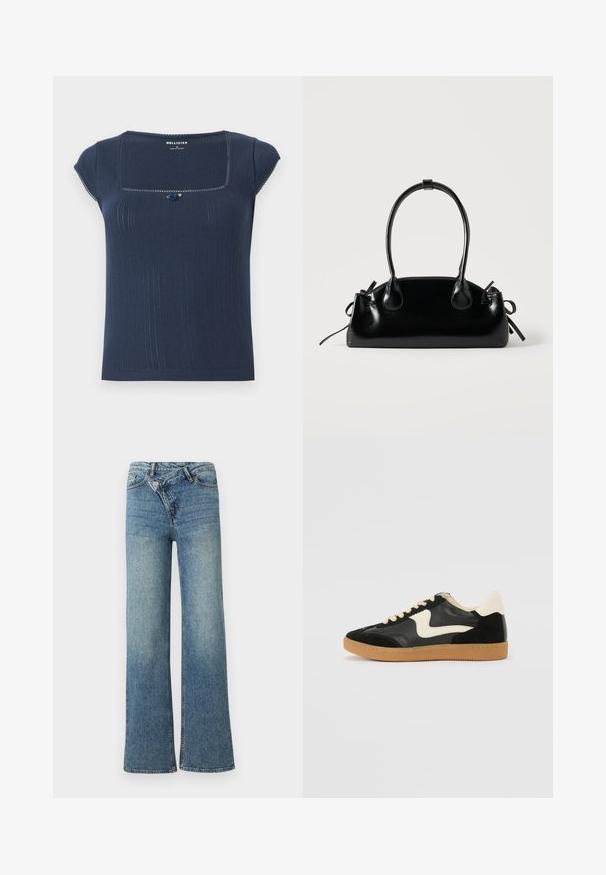 Marineblå ribbet top med kvadratisk udskæring, korte ærmer og en dekorativ blå og grøn accent nær udskæringen.; Lyseblå denim jeans med vide ben og høj talje, let falmet effekt og knaplukning foran. Har fem lommer og minimal syning.; Sorte ruskinds- og lædersneakers med en cremefarvet side-swoosh og lys cremefarvet hæl. Har beige snørebånd og en gummirubber-sål.; Lille sort blank håndtaske med to lange håndtag og snøre-detaljer i siden på en ensfarvet lys baggrund.