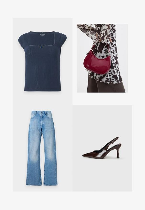 Marineblå ribbet top med kvadratisk udskæring, korte ærmer og en dekorativ blå og grøn accent nær udskæringen.; Lysblå denim flared jeans med høj talje, fem lommer og klassisk knaplukning. Har diskret slid og en afslappet pasform.; Brune patenterede læderslingback-sandaletter med spids tå, en tynd hæl og justerbar rem med en lille spænde.; Kvinde iført en sort- og hvidmønstret bluse, der holder en blank rød skuldertaske mod en ensfarvet baggrund.